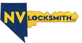 Logo of NV Locksmith LLC featuring a blue silhouette of Nevada with NV in bold yellow letters. Adjacent is a yellow key shape with the word LOCKSMITH in blue, incorporating a keyhole within the text—your go-to for the best locksmith services and rekey solutions.